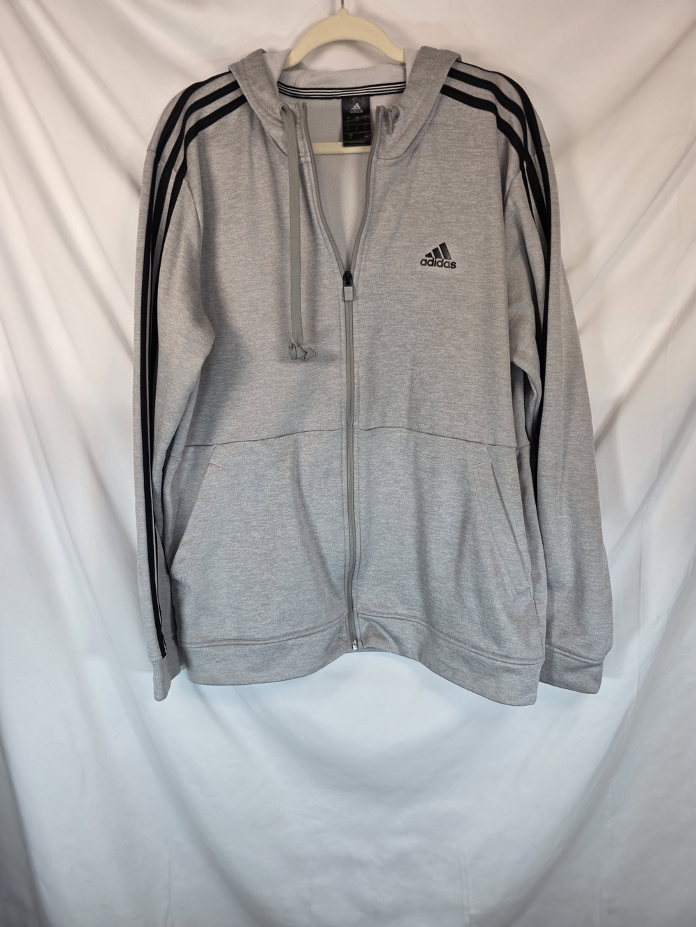 Adidas Mens Sz L Heather Gray Full Zip Hoodie 3 Stripe Black Sporty Athleisure